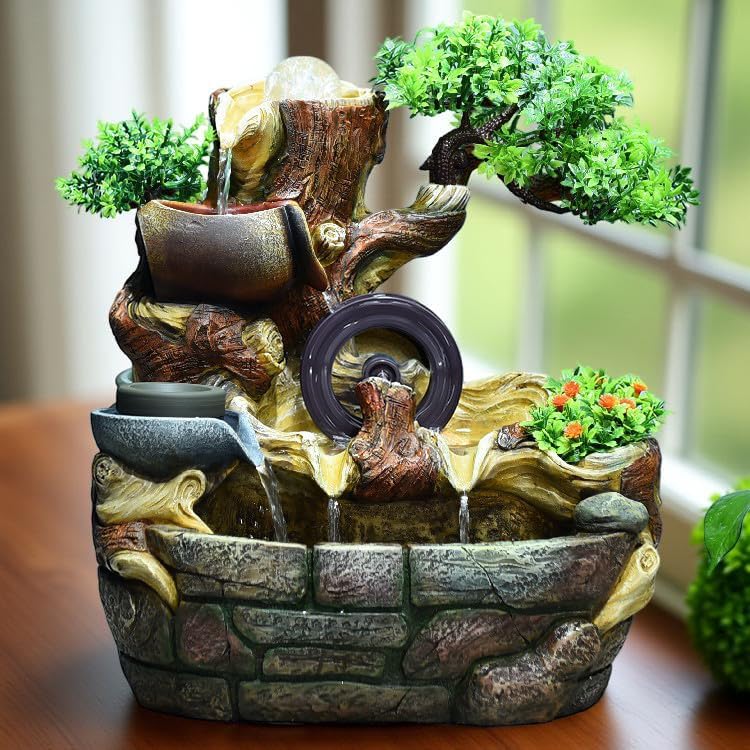 1495 Indoor Tabletop Fountain with 4-Tier Waterfall and 10 Natural Crystals