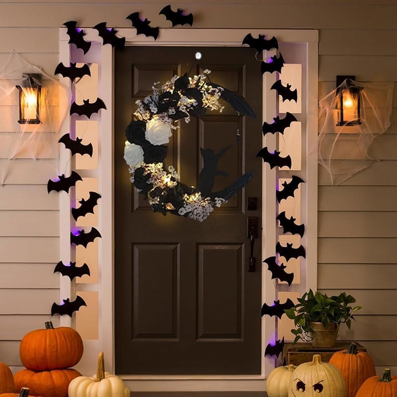 Black Cat Halloween Wreath with Lights