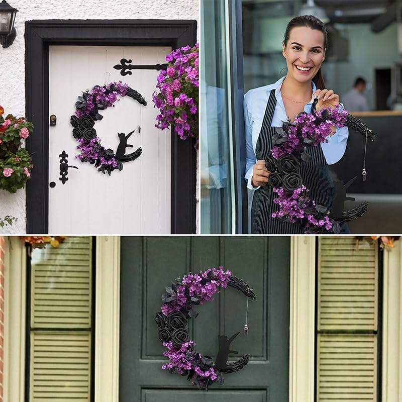 Black Cat Halloween Wreath with Lights