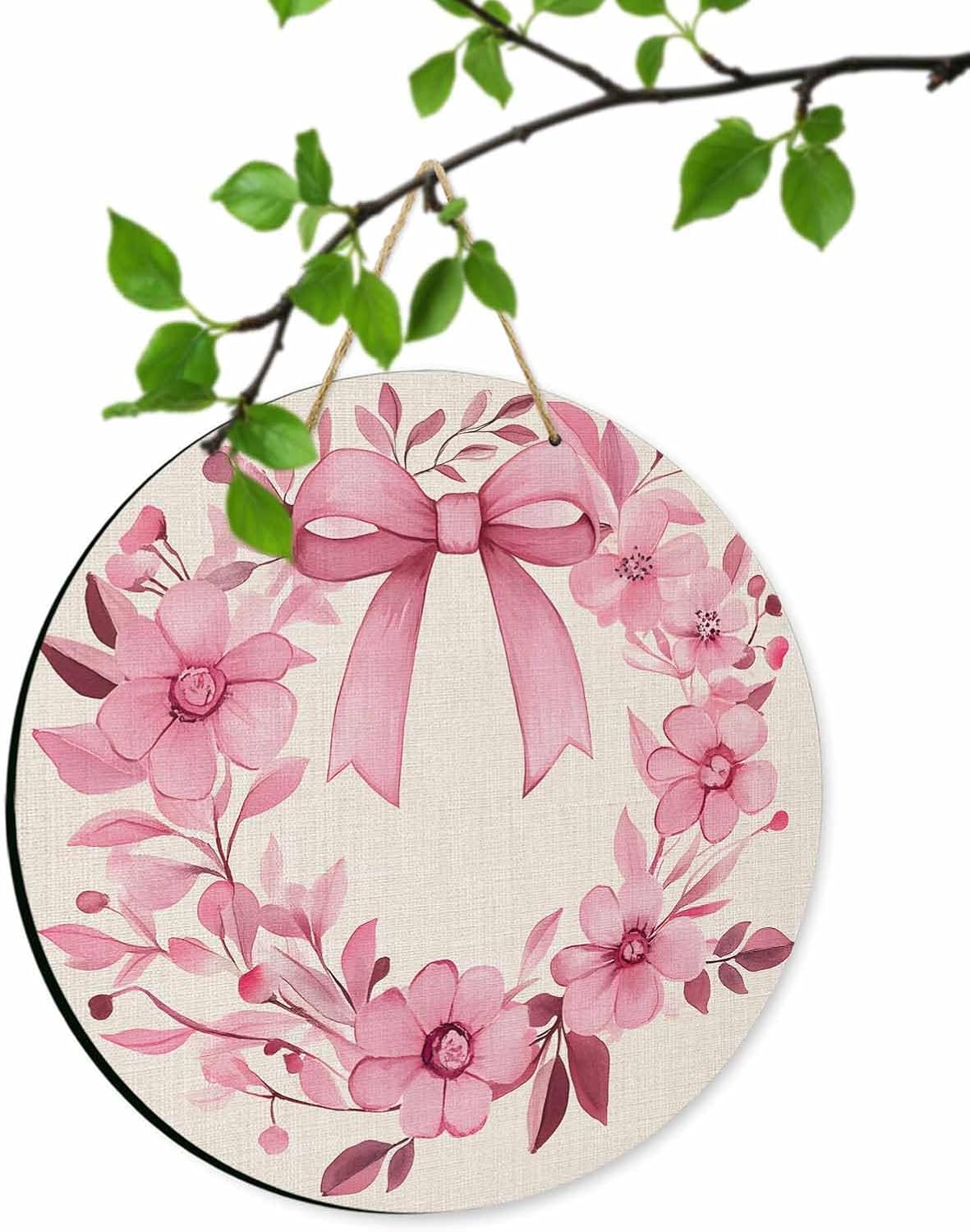 Welcome Sign for Front Door with Pink Bow Wreath