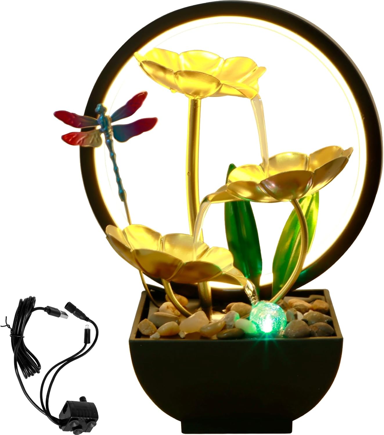 Dragonfly Tabletop Water Fountain with LED Ring Light and Humidifier