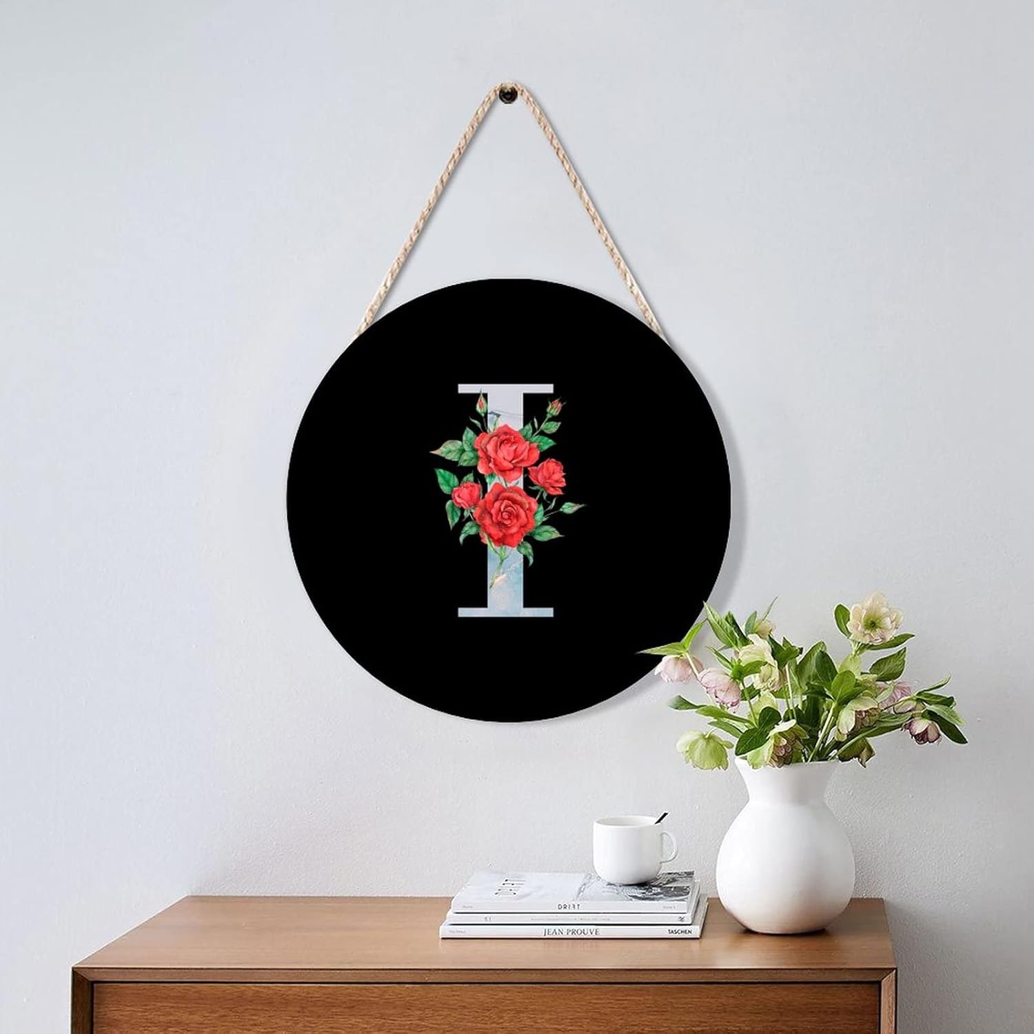 Farmhouse Front Door Hanger Red Flowers Marble Initial Letter I Wood Sign for Kids Girls Women 10x10in