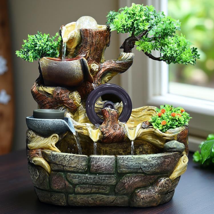 1495 Indoor Tabletop Fountain with 4-Tier Waterfall and 10 Natural Crystals