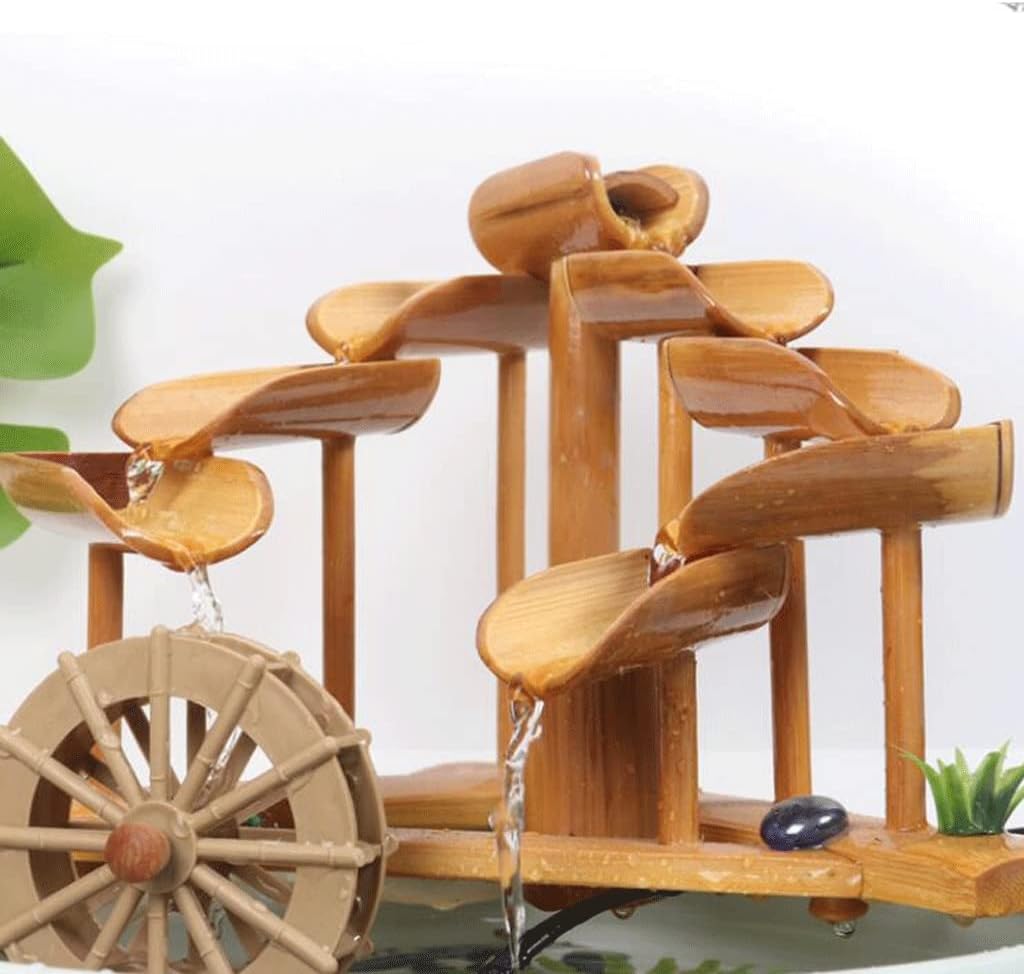 Bamboo Tabletop Fountain with Flowing Water and Ceramic Fish Tank