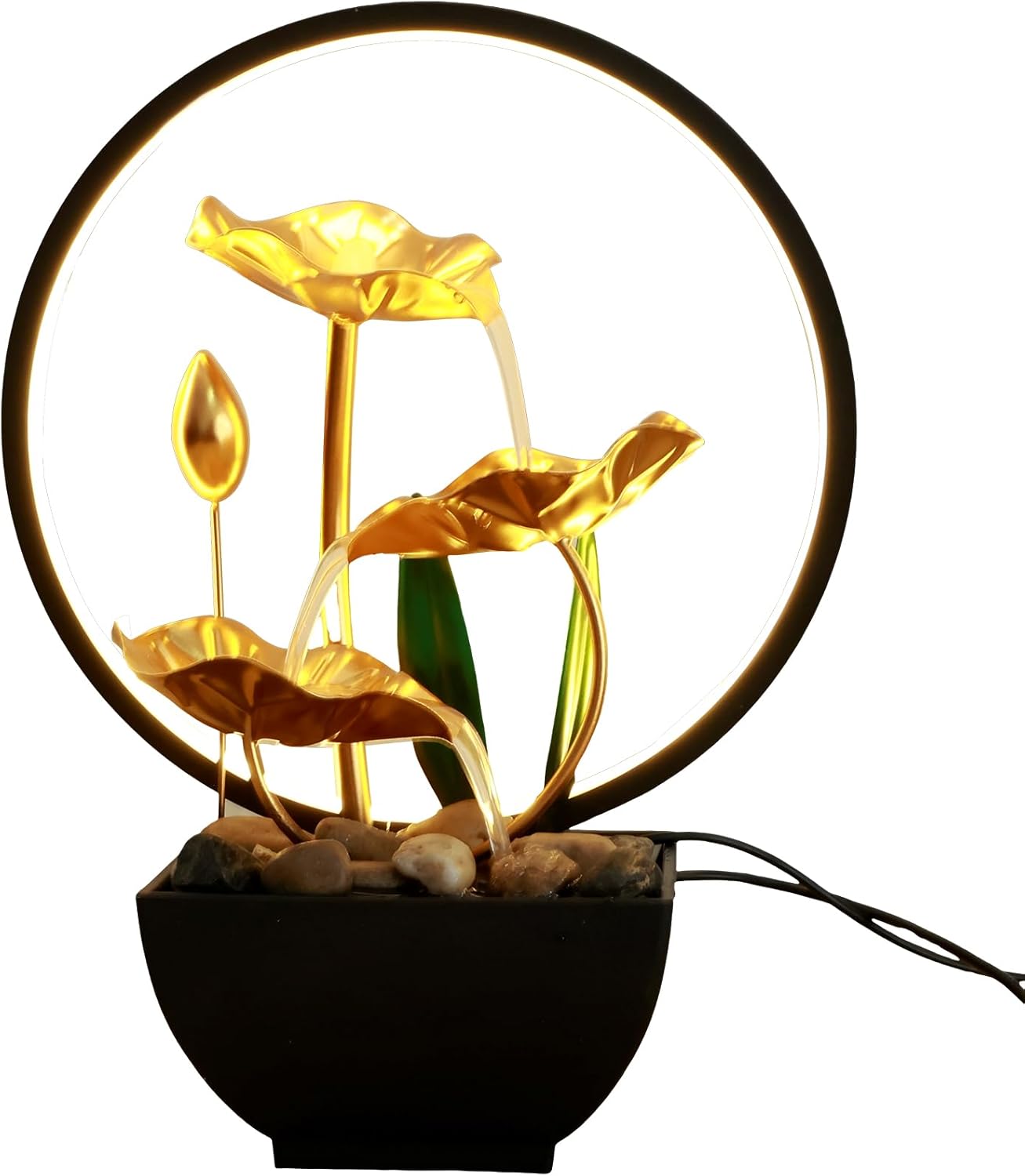 USB Powered Tabletop Water Fountain with LED Lights and Natural Rocks