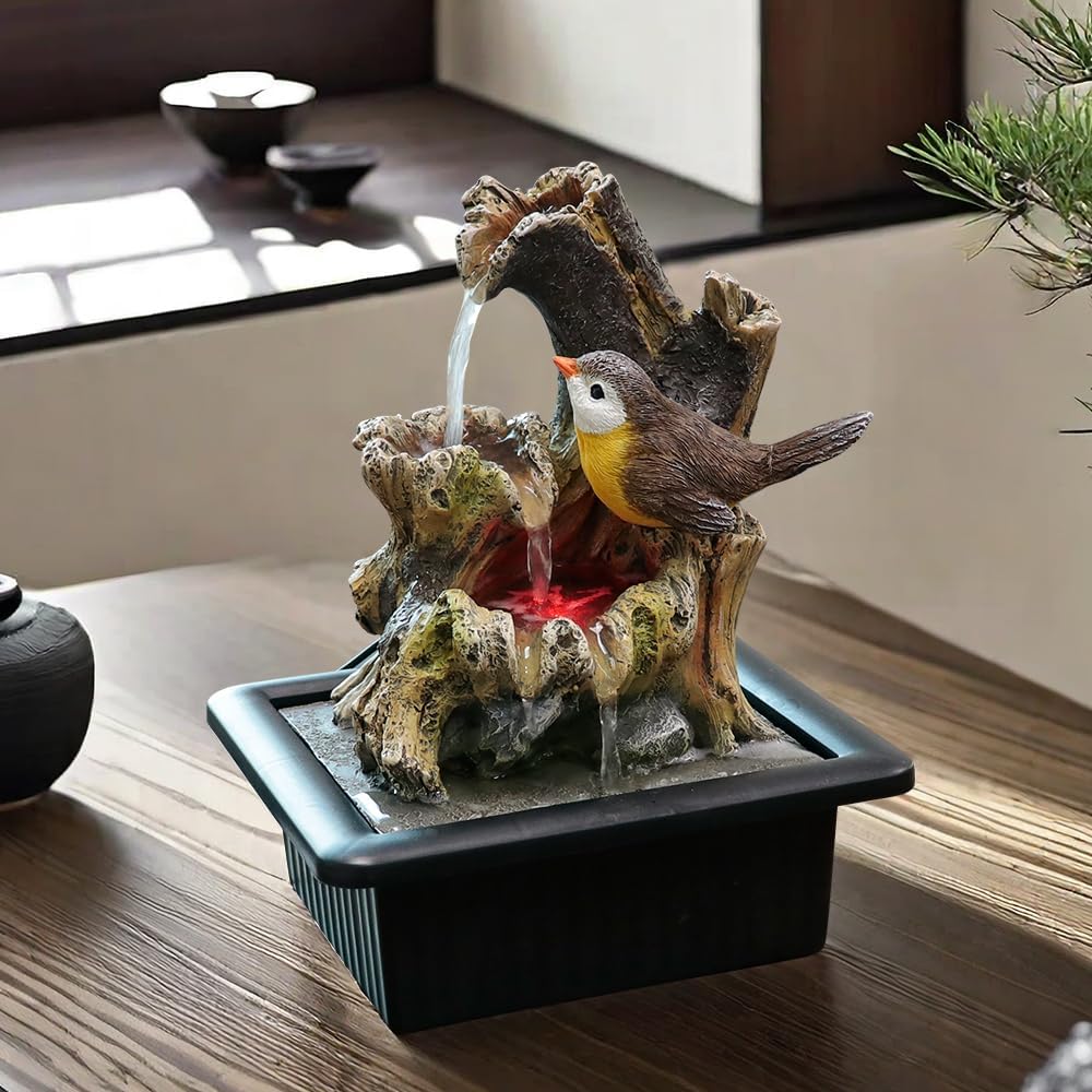 Rock Cascading Tabletop Water Fountain with LED Light Yellow Bird