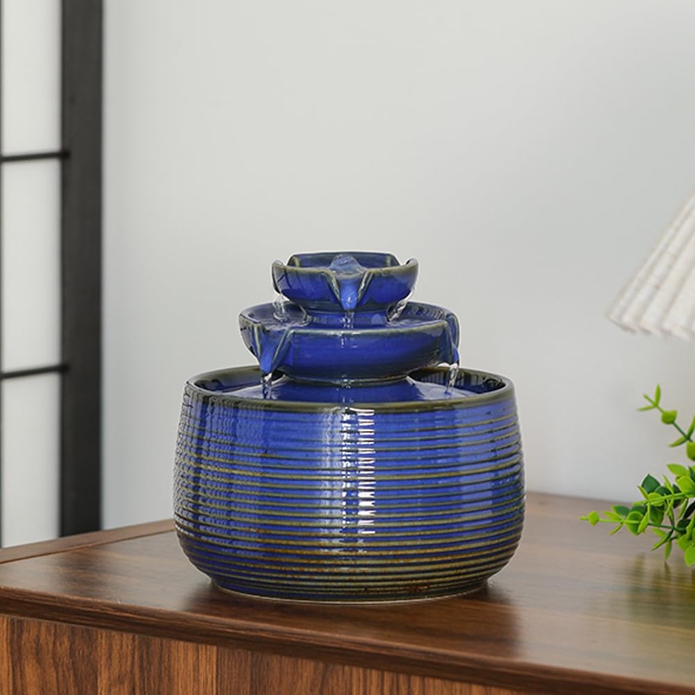 Outdoor Indoor Water Feature Fountain Waterfall Tabletop Mini Ceramic Garden Fountain Blue A171