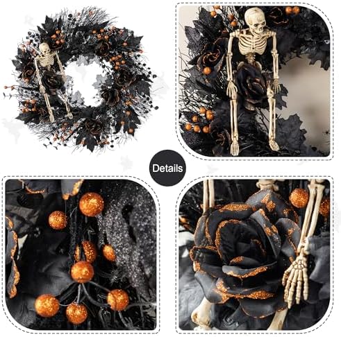 Glitzhome 24 Inch Halloween Wreath Black Rose Skeleton