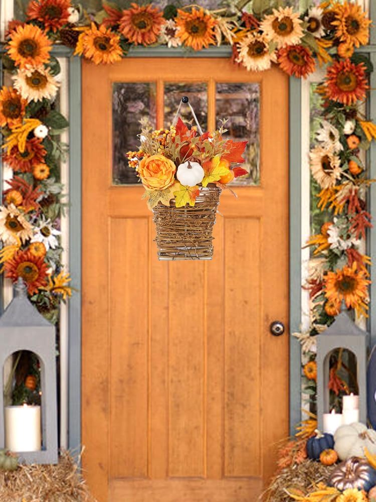 Autumn Door Wreath with Flowers and Decorative Elements