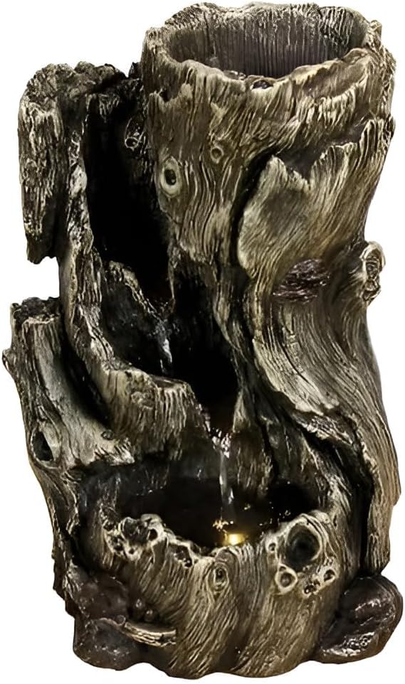 14-inch Log Tabletop Fountain with LED Lights and Planting Area