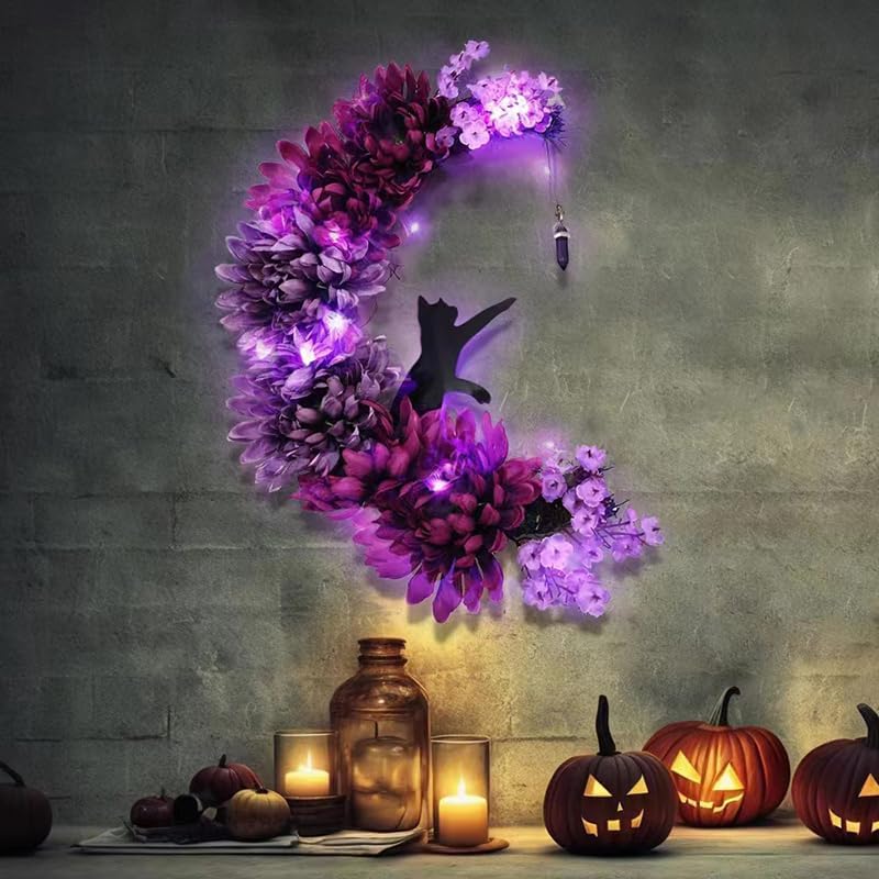 Black Cat Halloween Wreath with Lights
