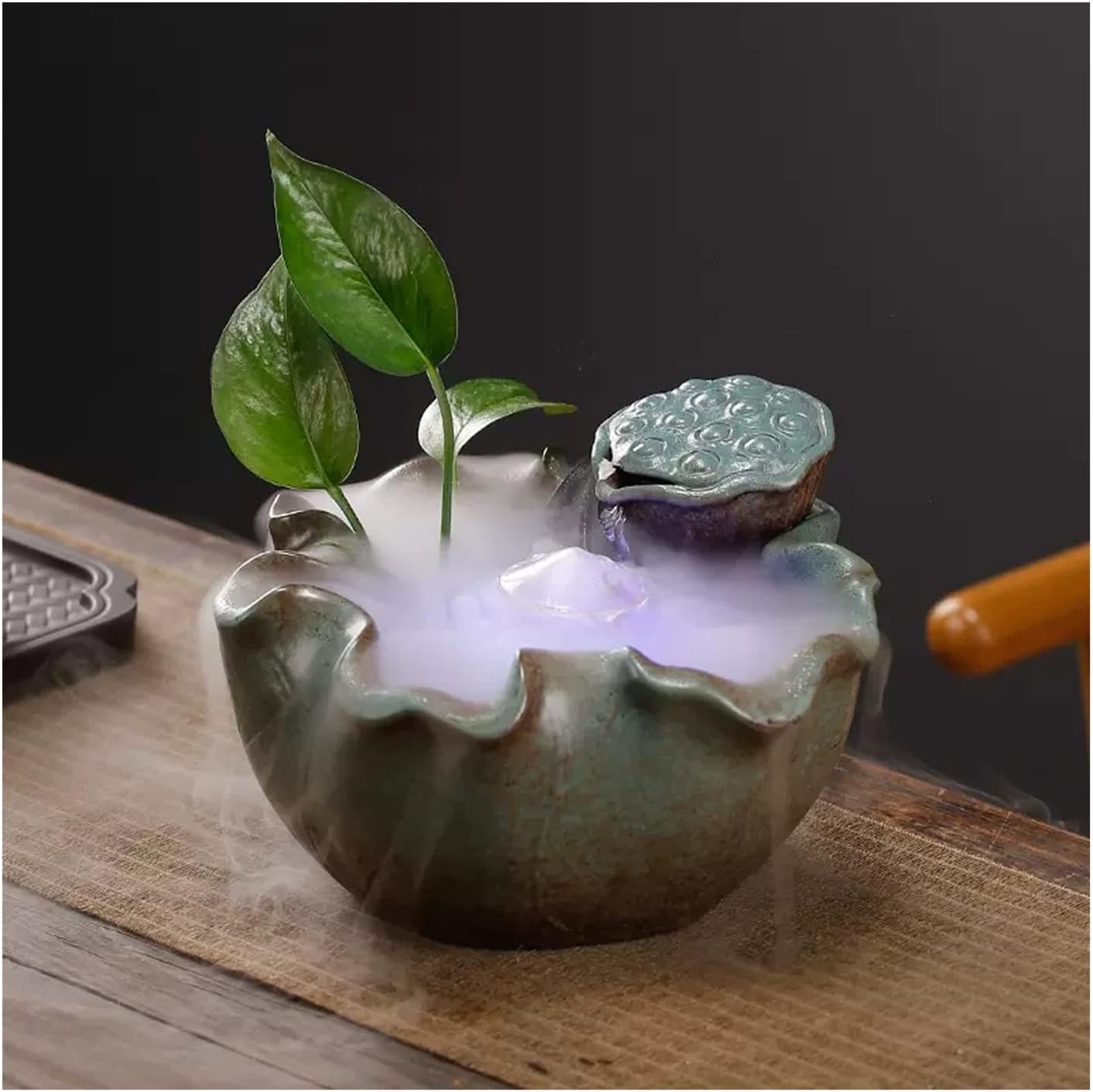 Ceramic Lotus Leaf Tabletop Water Fountain with Mist