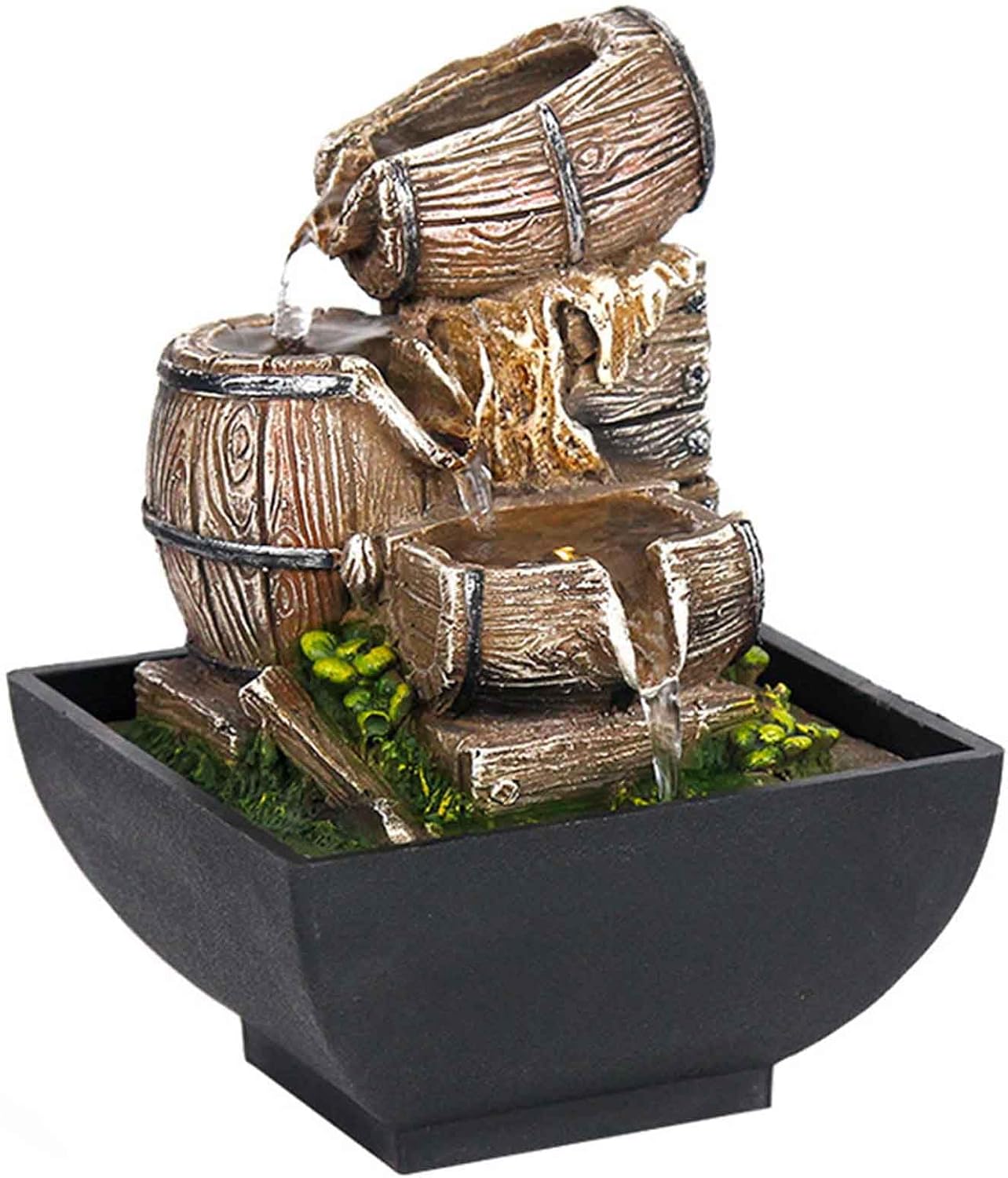 Tabletop Fountain with LED Light and Wood Barrel Design