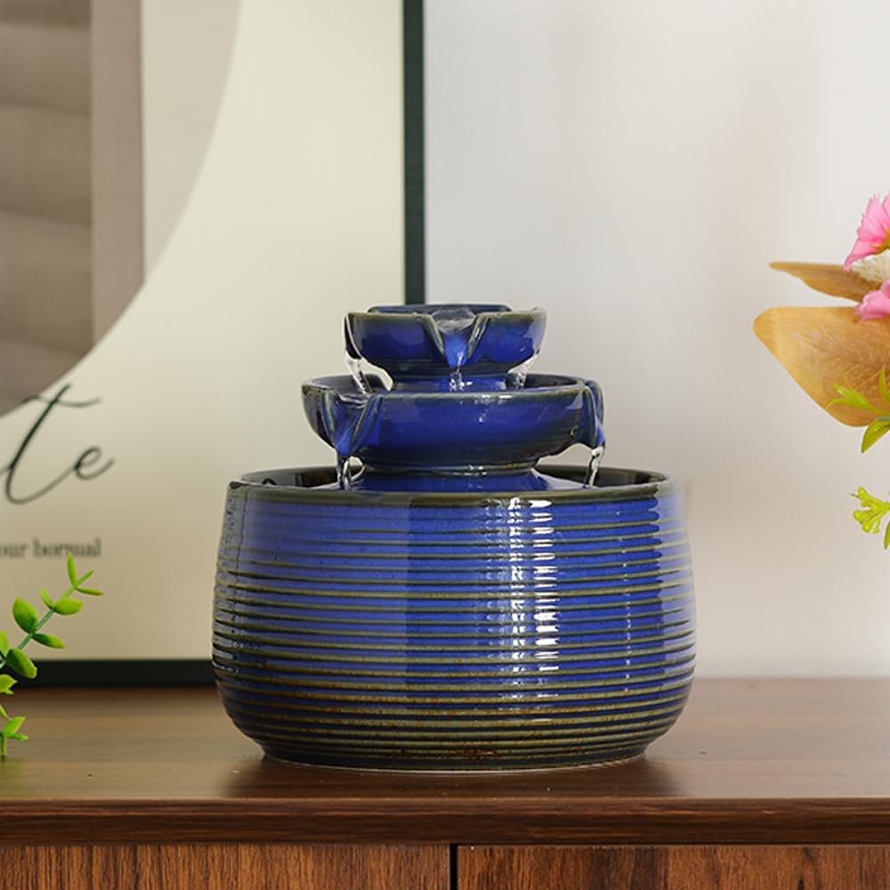 Outdoor Indoor Water Feature Fountain Waterfall Tabletop Mini Ceramic Garden Fountain Blue A171