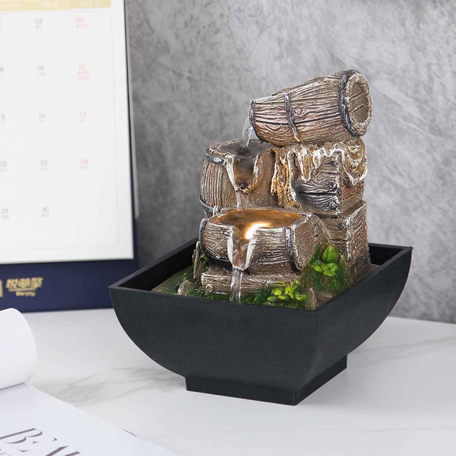 Tabletop Fountain with LED Light and Wood Barrel Design