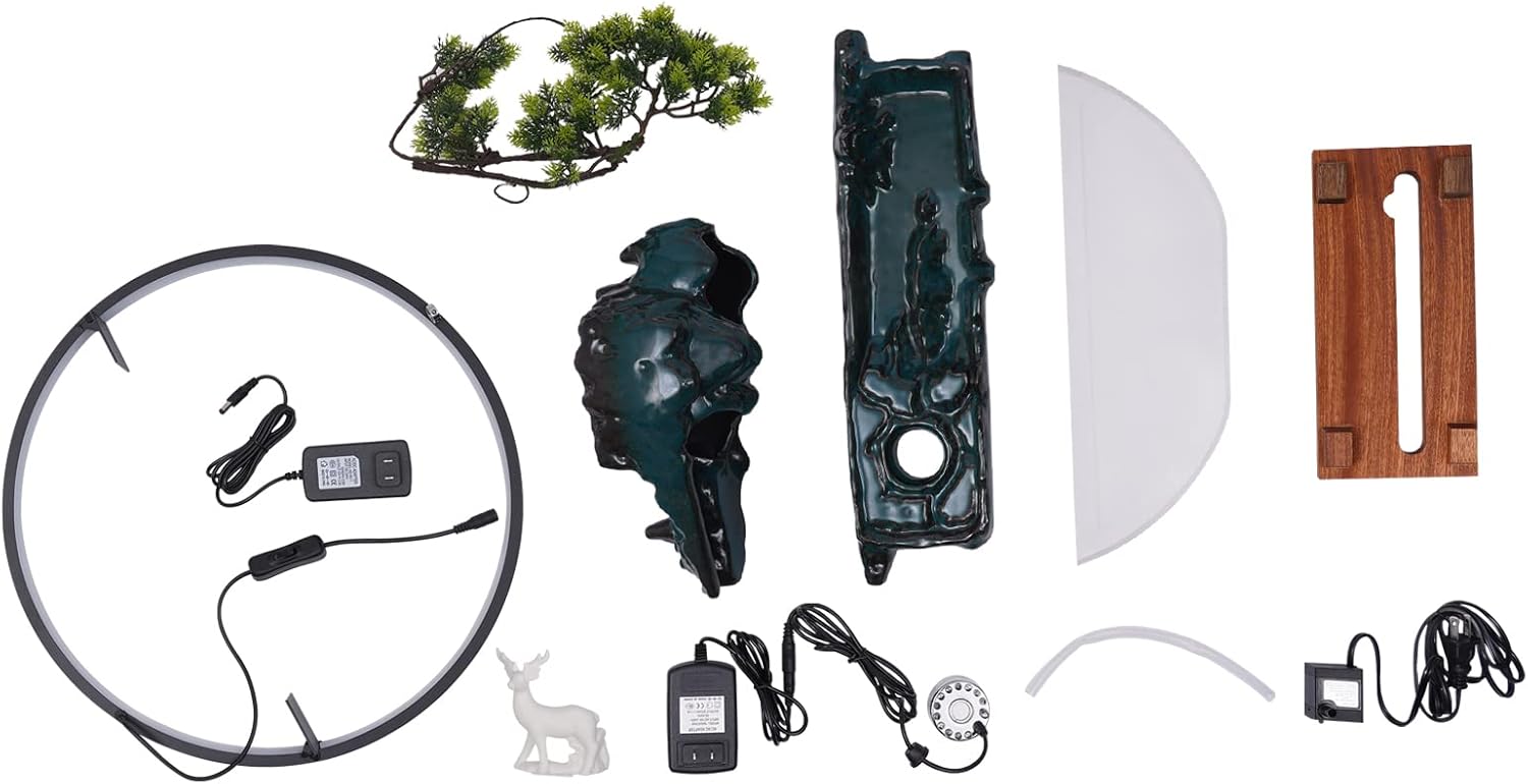 Tabletop Fountain with LED Light Loop Deer and Fish Decor