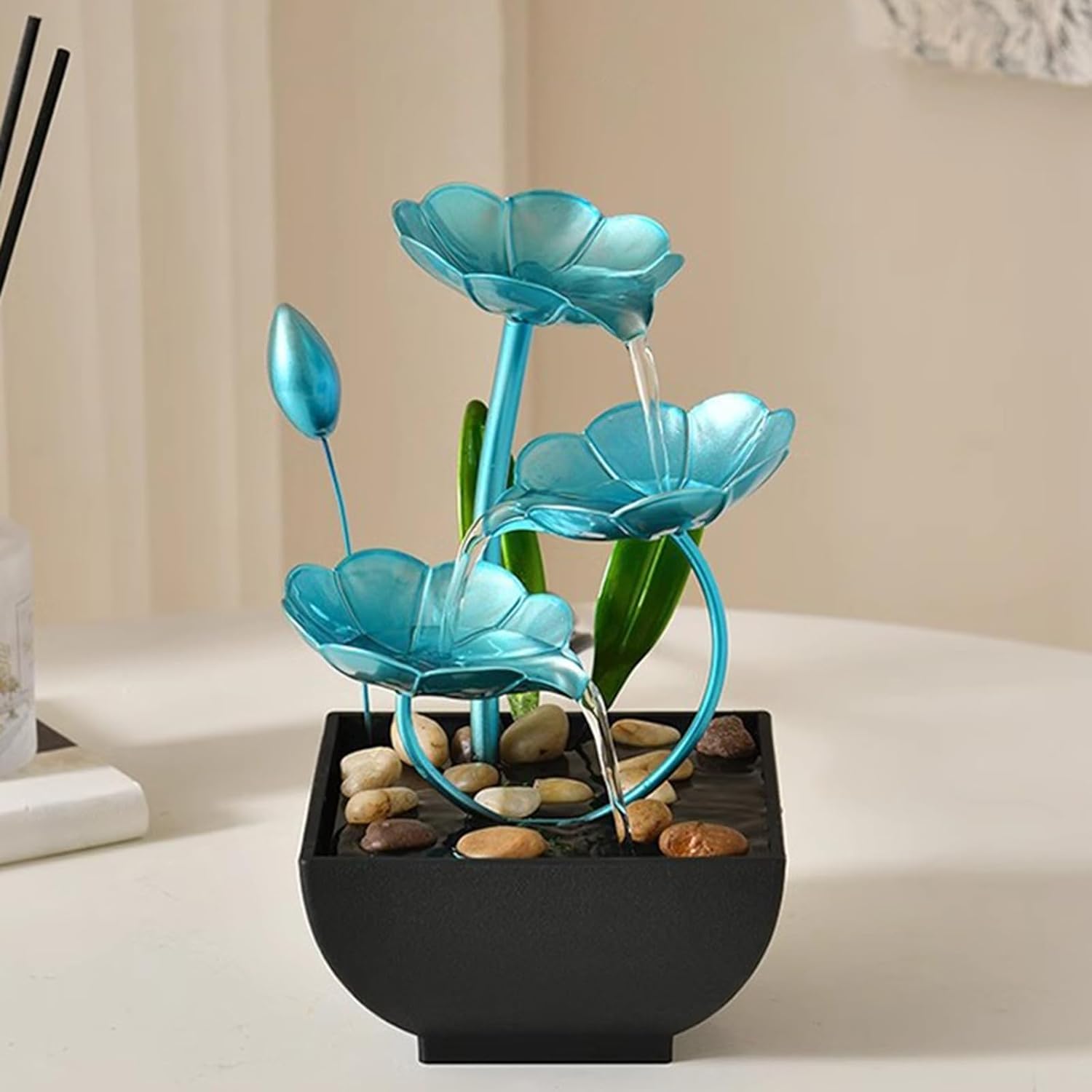 Indoor Metal Lotus Leaf Blue Tabletop Fountain for Relaxation Home Office Decor