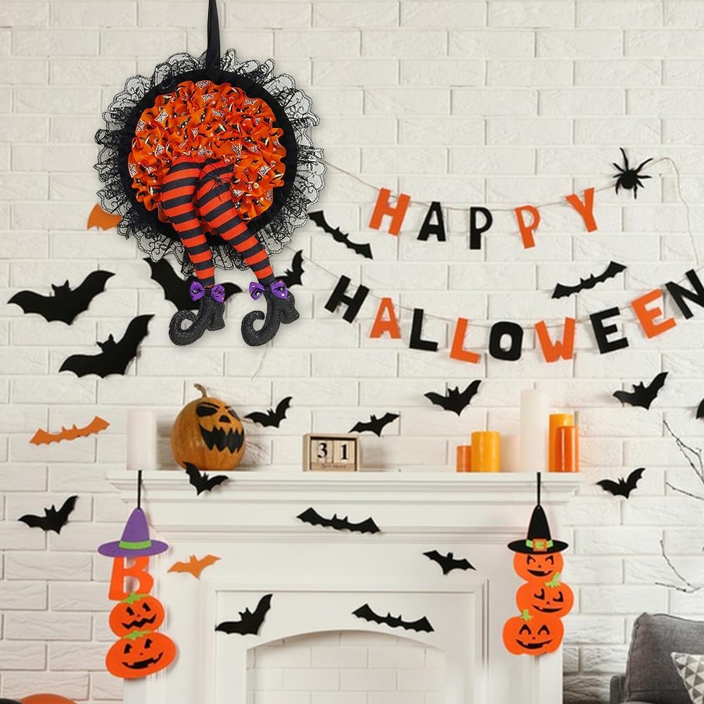 Halloween Witch Leg Wreath Front Door Decor