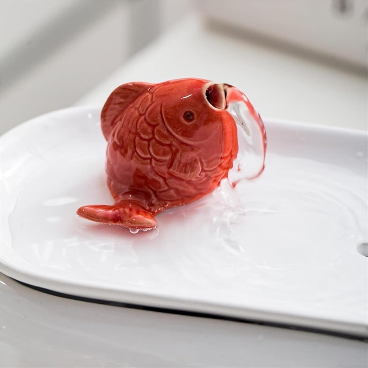 Cute Little Red Fish Spout Ceramic Tabletop Fountain for Home Office Bedroom Decor