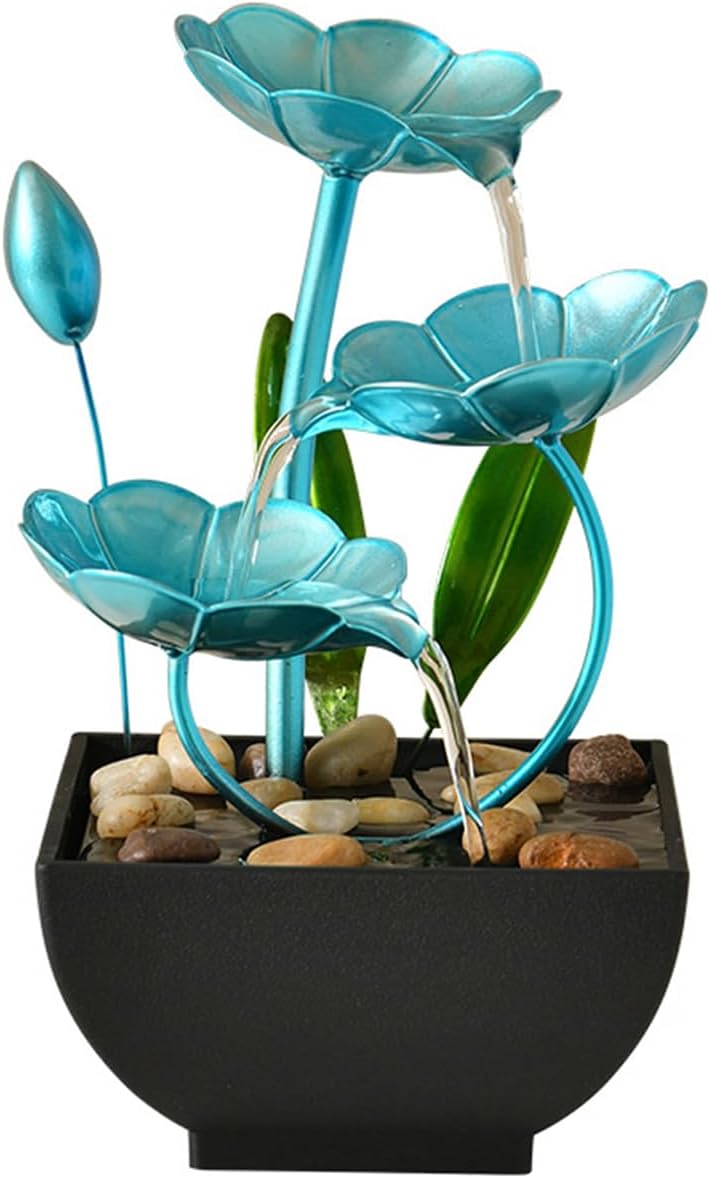 Indoor Metal Lotus Leaf Blue Tabletop Fountain for Relaxation Home Office Decor