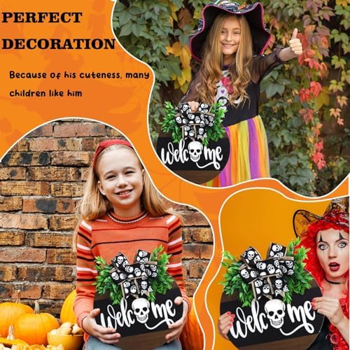 Halloween Wooden Welcome Sign with Spooky Skull and Bow