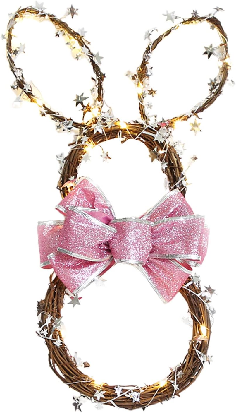 Cakina Foldable Rattan Rabbit Wreath Hanger with LED Light