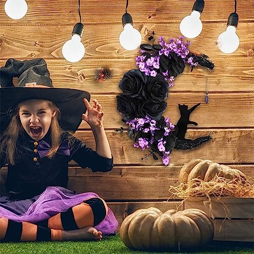 Halloween Wreath with Black Cat and Purple Roses