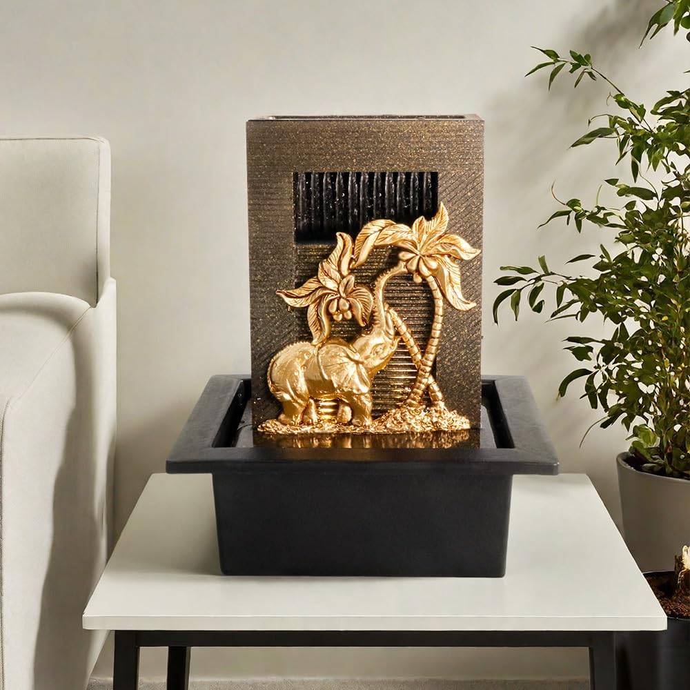 Elephant Themed Tabletop Fountain with Colorful Lights and Natural River Rocks