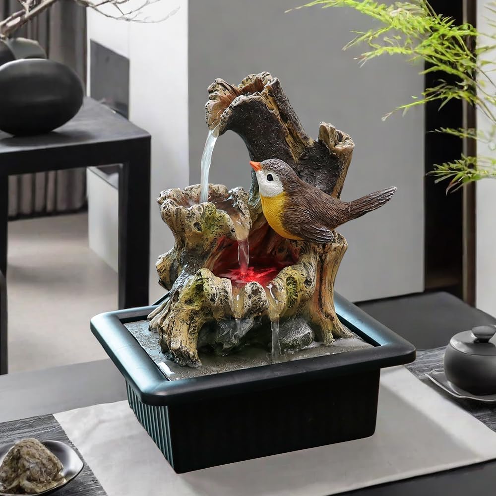 Rock Cascading Tabletop Water Fountain with LED Light Yellow Bird