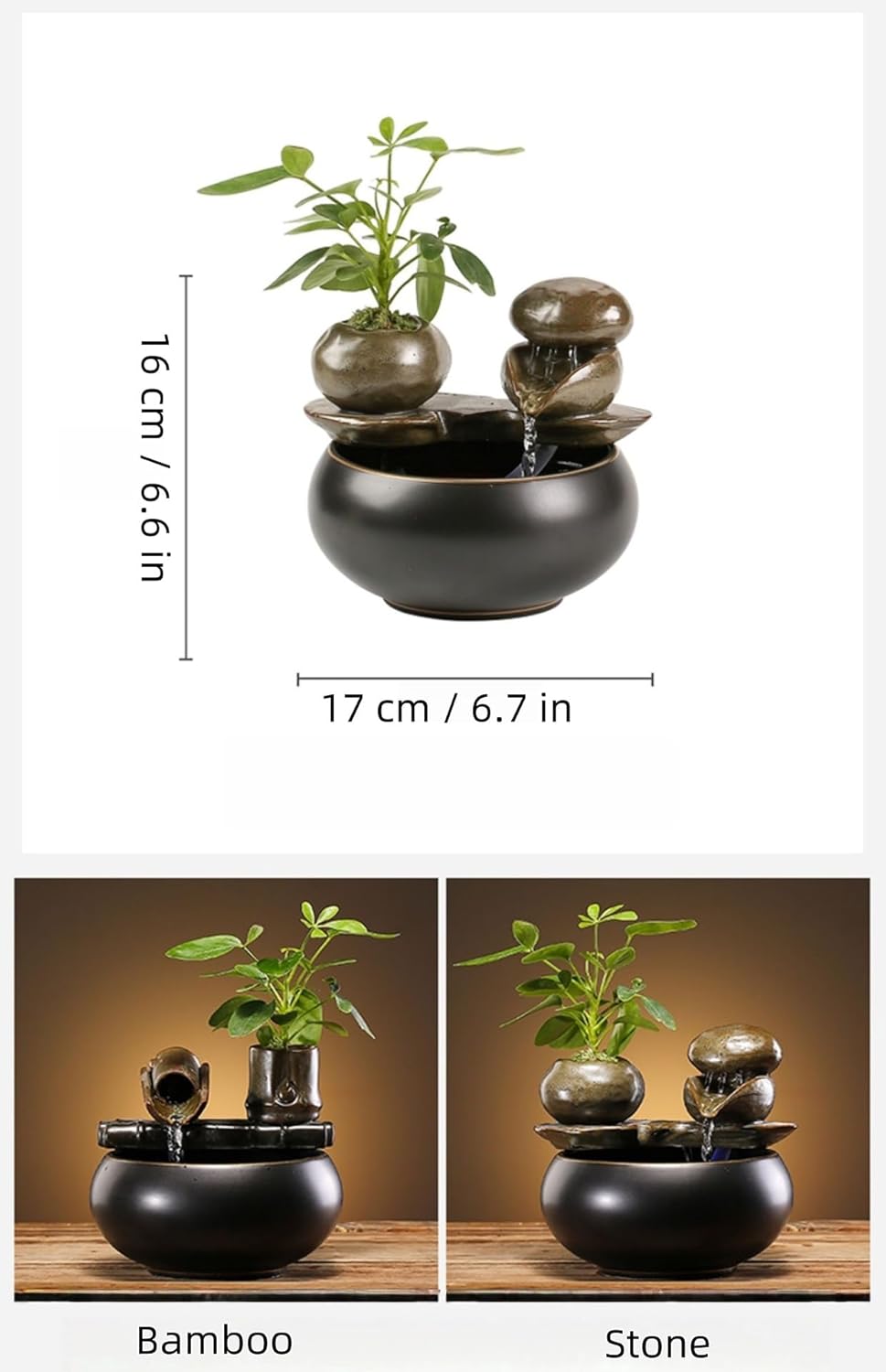 Ceramic Tabletop Fountain with Bamboo Water Feature Black Gloss