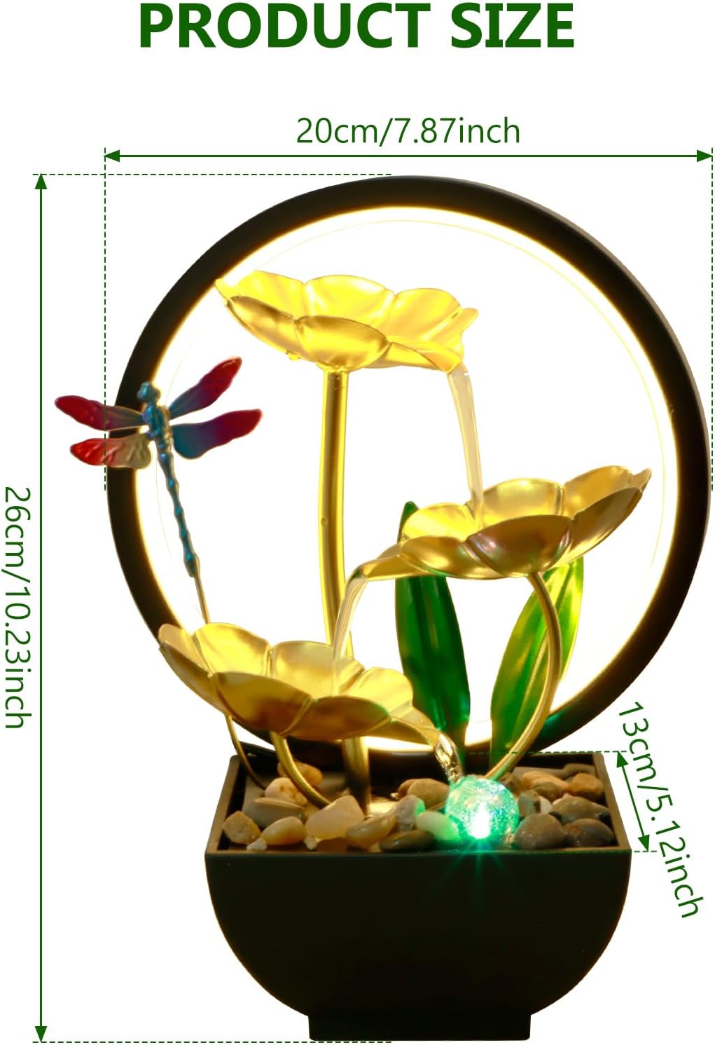 Dragonfly Tabletop Water Fountain with LED Ring Light and Humidifier