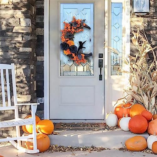Halloween Wreath with Black Cat and Crescent Moon Design