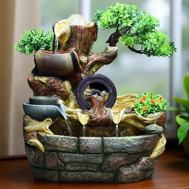 1495 Indoor Tabletop Fountain with 4-Tier Waterfall and 10 Natural Crystals