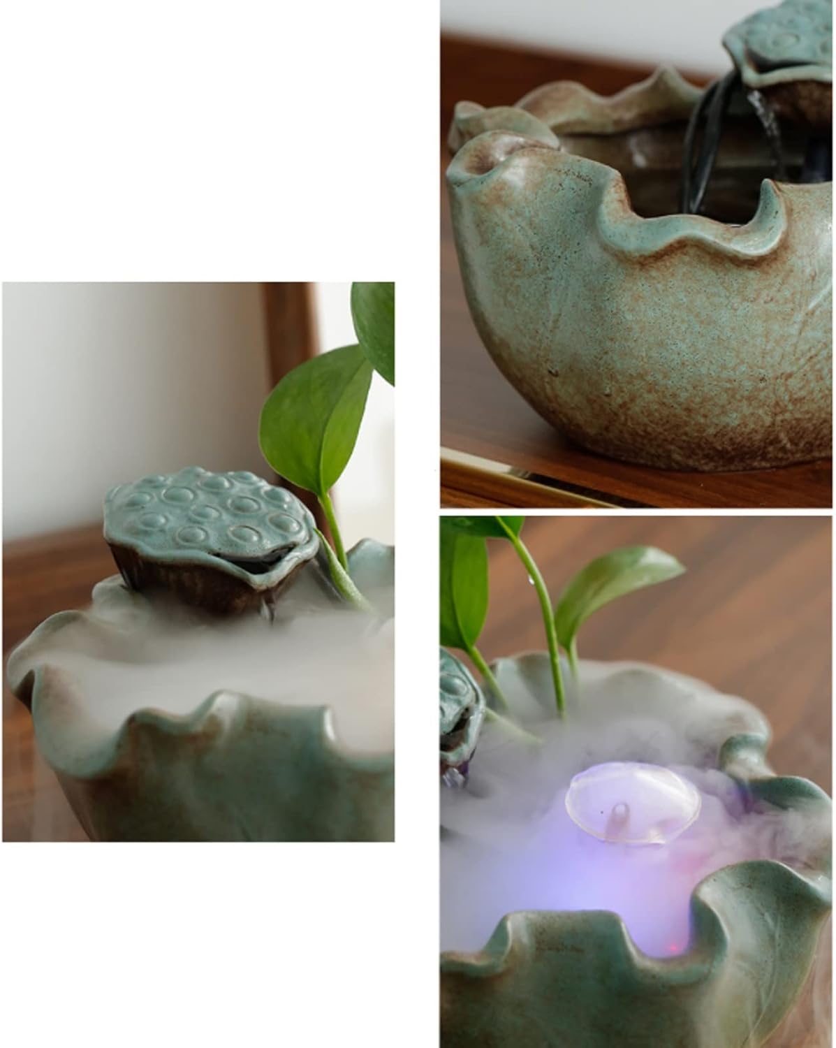 Ceramic Lotus Leaf Tabletop Water Fountain with Mist