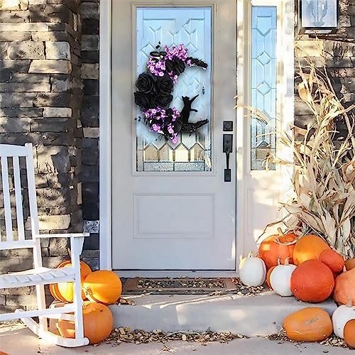 Halloween Wreath with Black Cat and Purple Roses