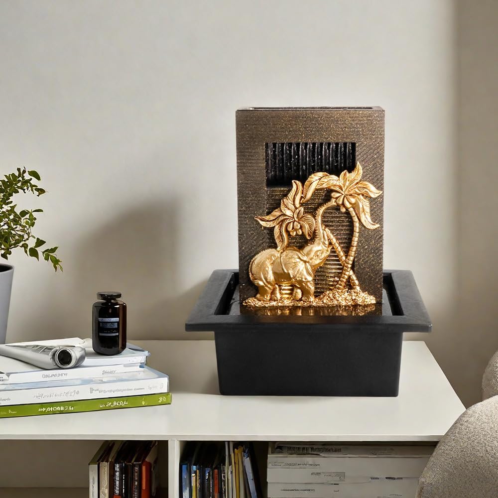 Elephant Themed Tabletop Fountain with Colorful Lights and Natural River Rocks