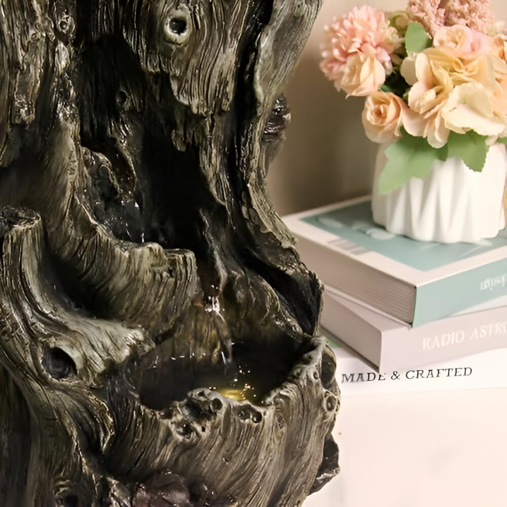 14-inch Log Tabletop Fountain with LED Lights and Planting Area