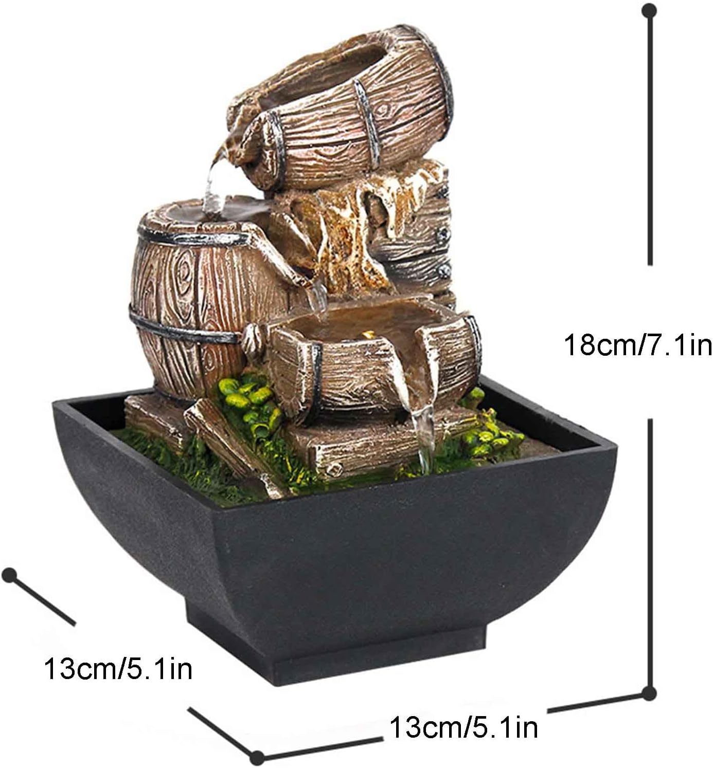 Tabletop Fountain with LED Light and Wood Barrel Design