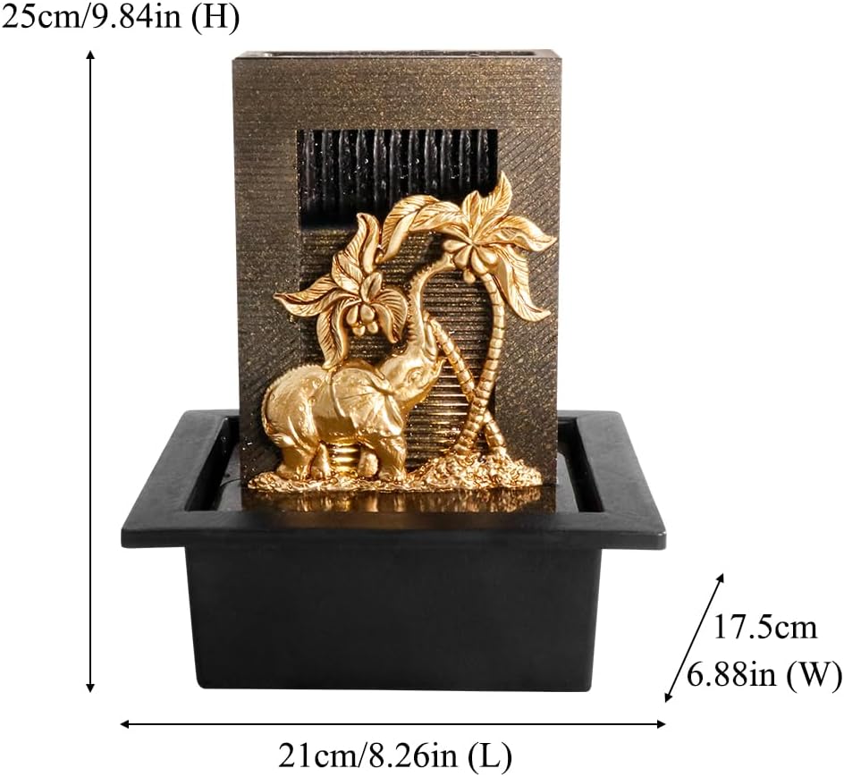 Elephant Themed Tabletop Fountain with Colorful Lights and Natural River Rocks