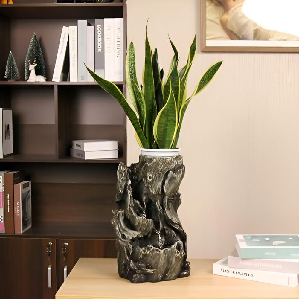 14-inch Log Tabletop Fountain with LED Lights and Planting Area