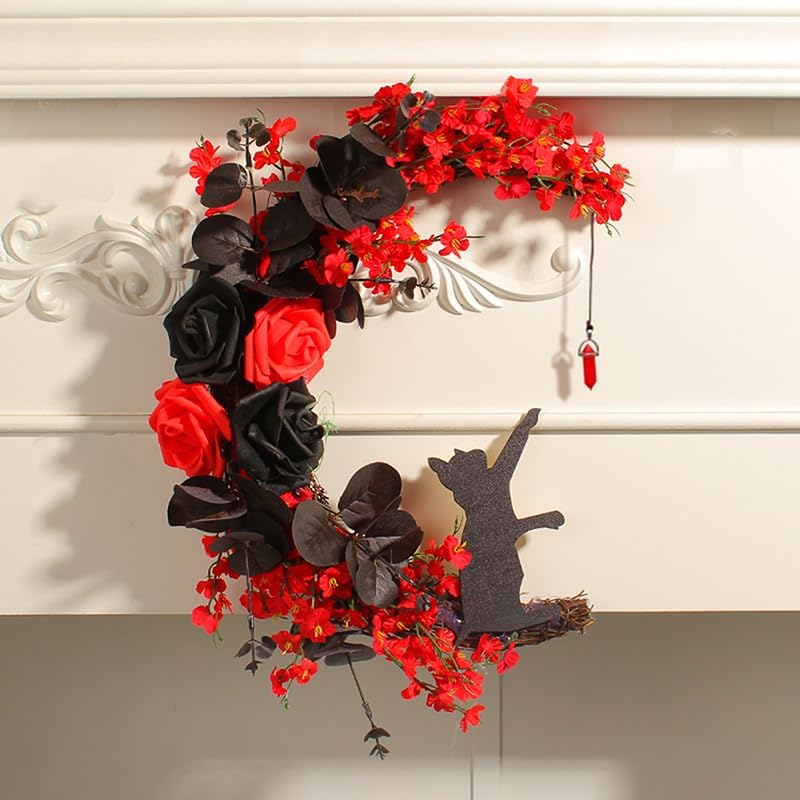 Black Cat Halloween Wreath with Lights