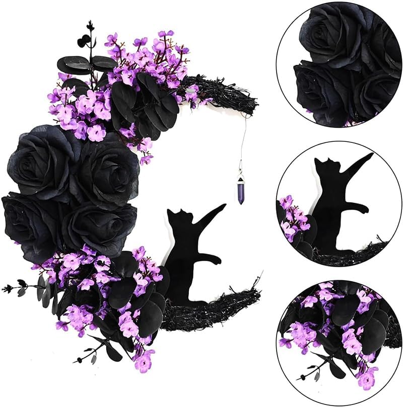 Black Cat Halloween Wreath with Lights