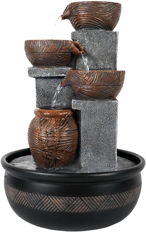 Tabletop Water Fountain With LED Lights Brown Polyresin Lighted Pump