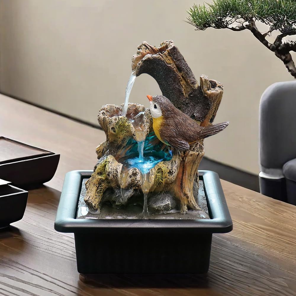 Rock Cascading Tabletop Water Fountain with LED Light Yellow Bird