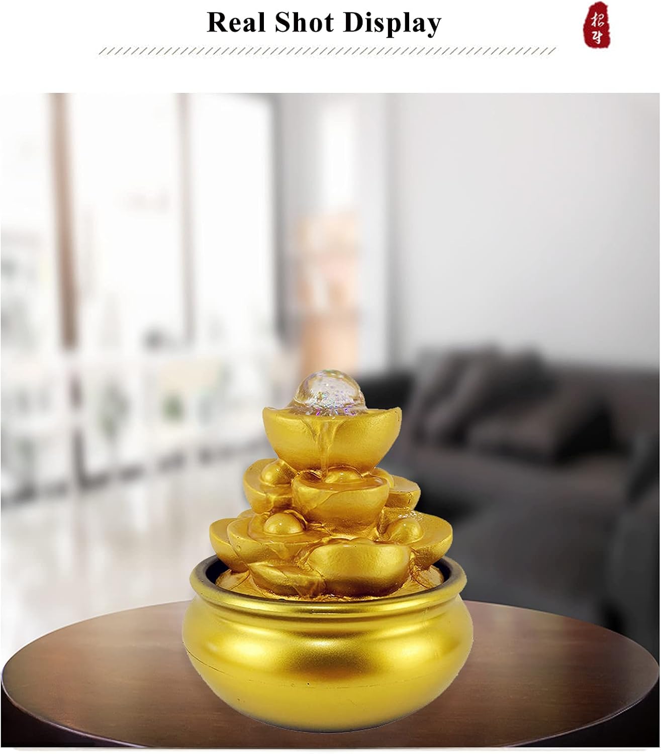 Feng Shui Gold Ingot Tabletop Waterfall Fountain with Lights and Rolling Crystal Ball