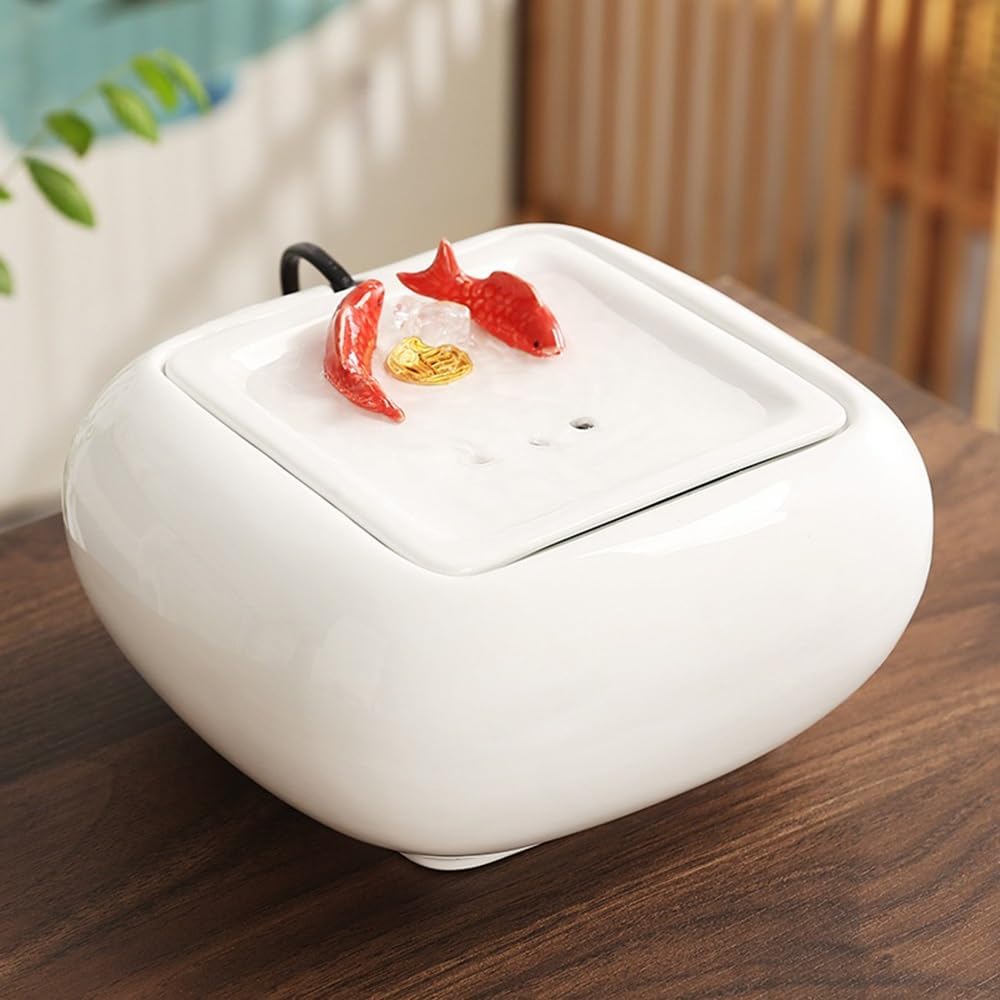 White Tabletop Ceramic Water Fountain with Goldfish