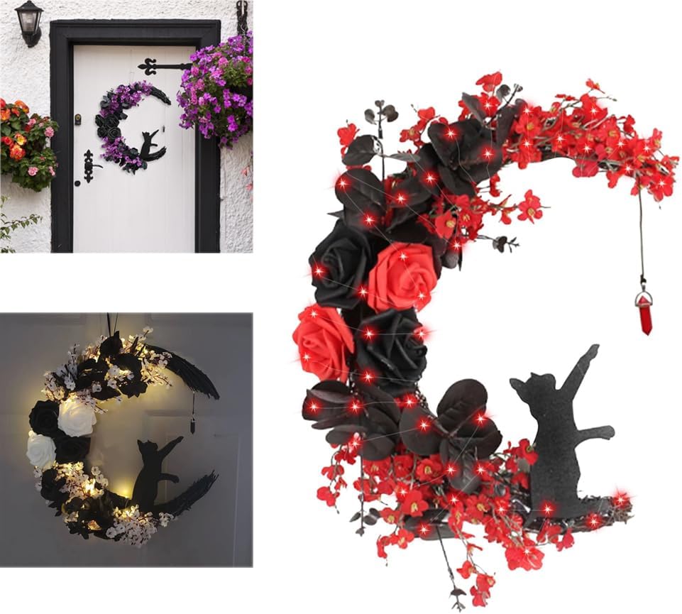 Black Cat Halloween Wreath with Lights