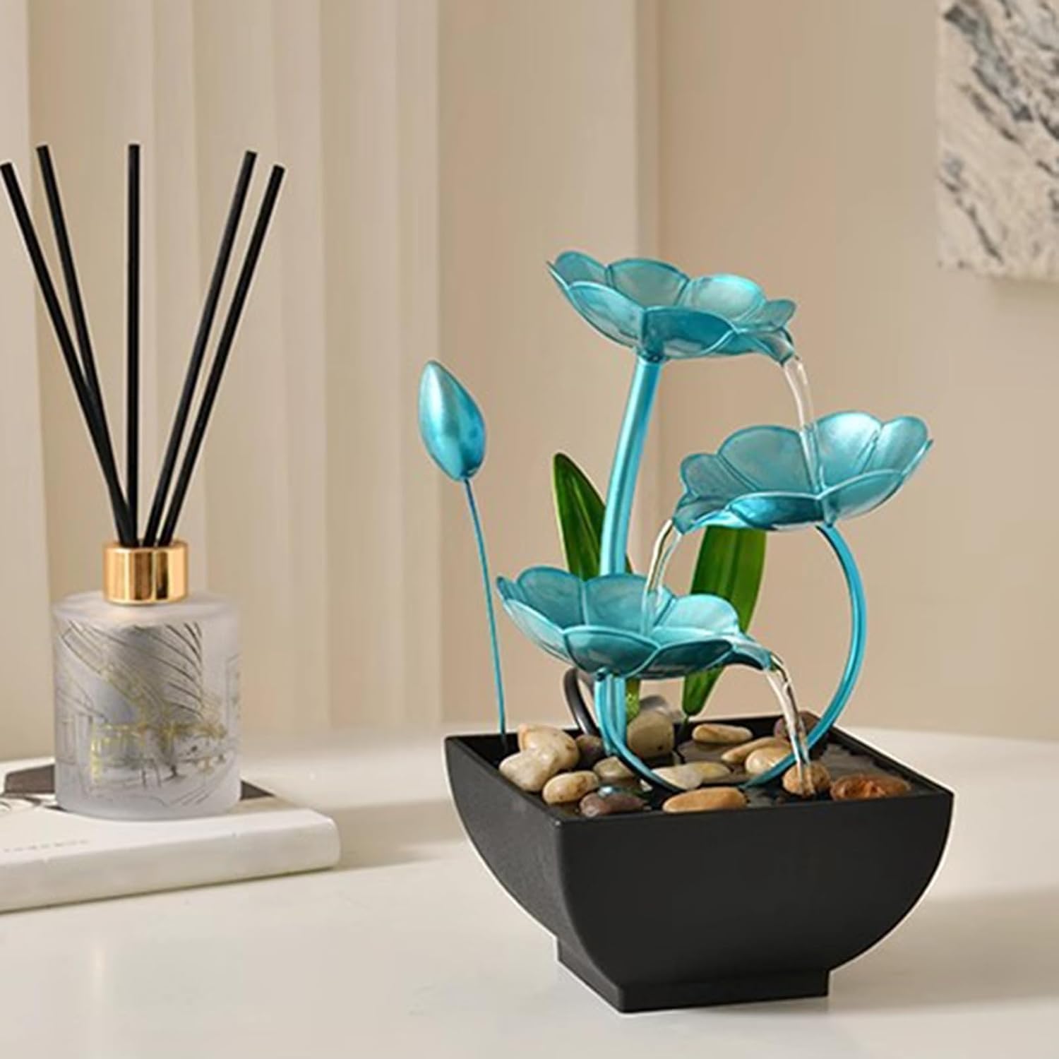 Indoor Metal Lotus Leaf Blue Tabletop Fountain for Relaxation Home Office Decor