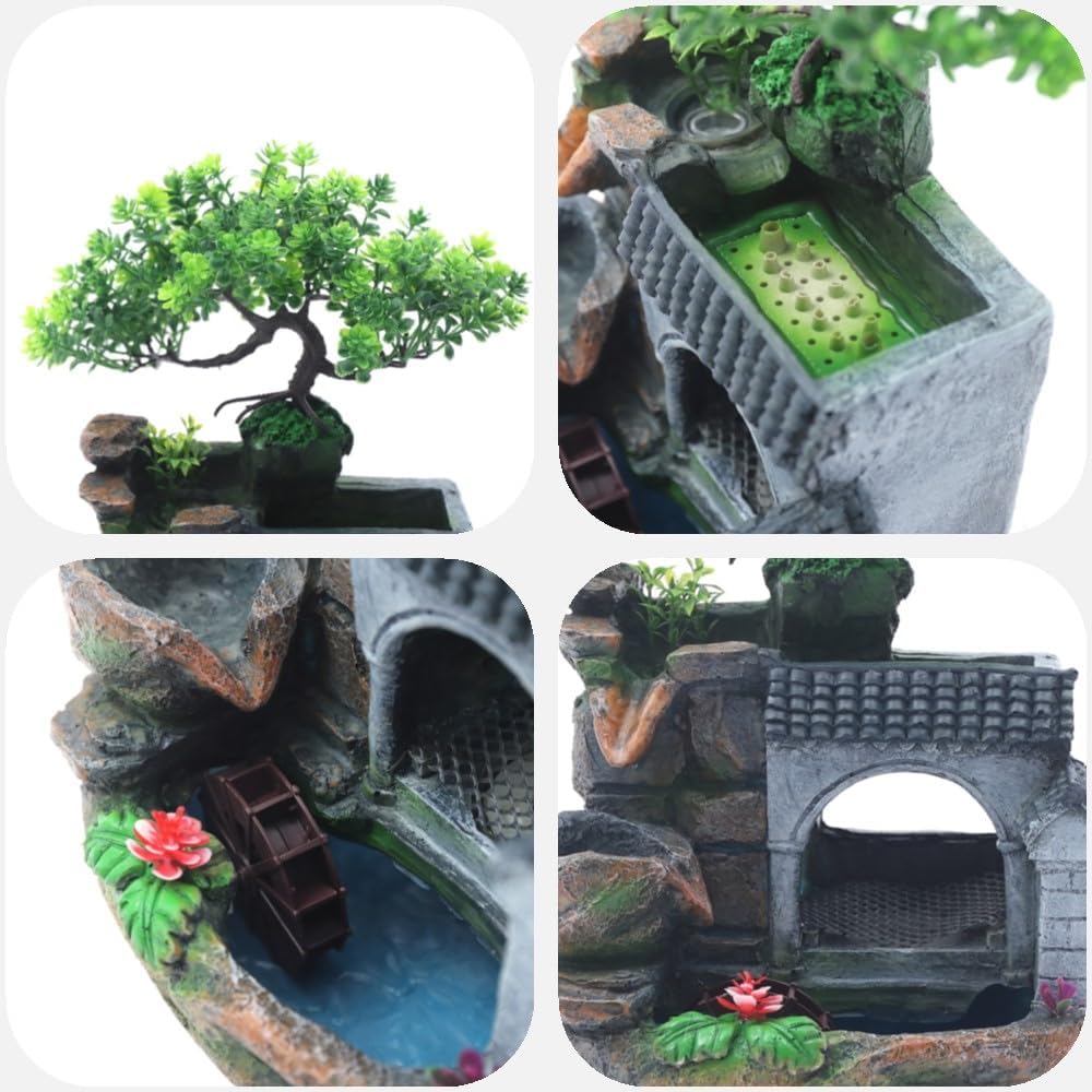 WINNIESHOP Indoor Tabletop Waterfall Fountain with Lights and Plants