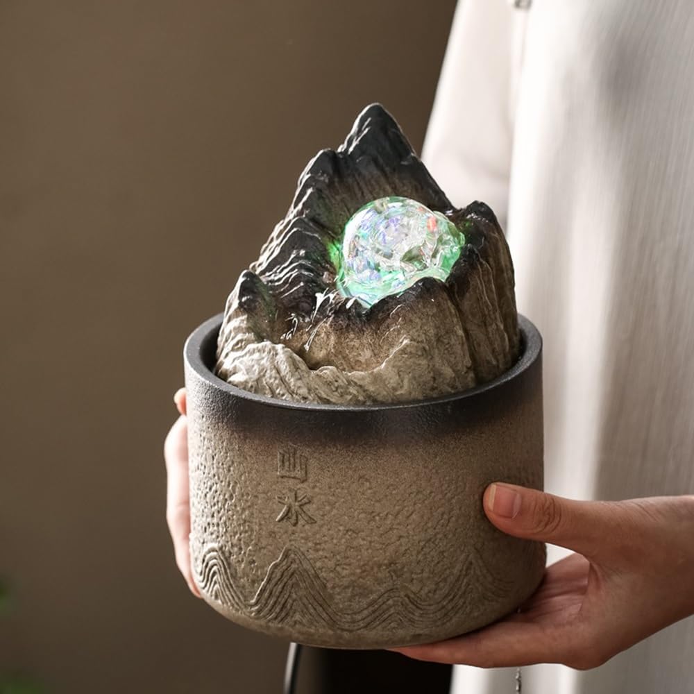 Brown Ceramic Mini Tabletop Fountain Indoor Decoration